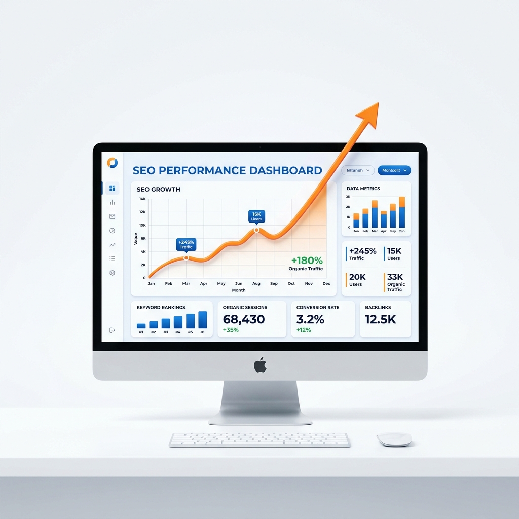 Gráfico ascendente en pantalla de computador mostrando el crecimiento de visitas web y conversiones en Google Analytics
